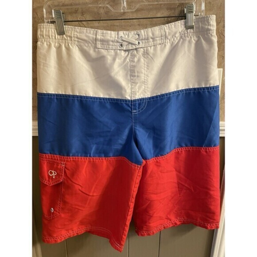 Vintage OP‎ Swim Trunks Striped Red White And Blue Size 2XL